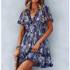Floral Navy Blue Dress Summer V-Neck Short Mini